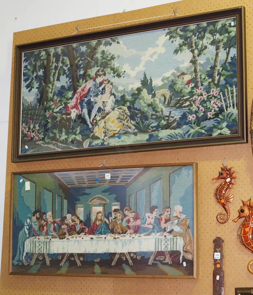 2x tapestries - romance scene, last supper - blue dots Image 1++