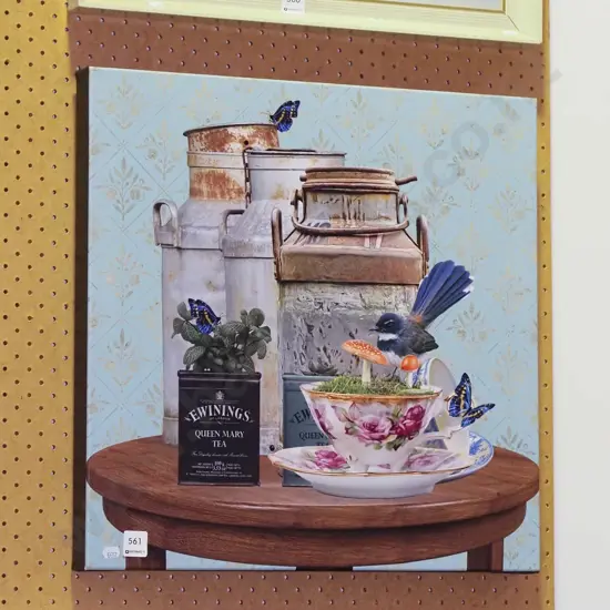 print on boxed canvas - milk cans, piwakwaka etc