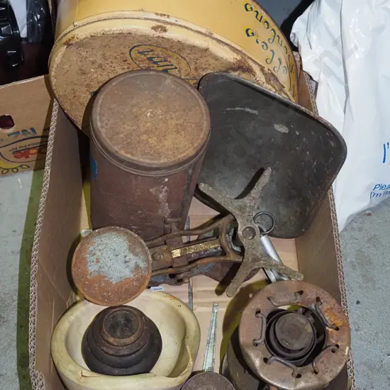 box; vintage tin, scales, primus stove etc