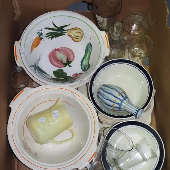box; bowls, glassware, jug etc