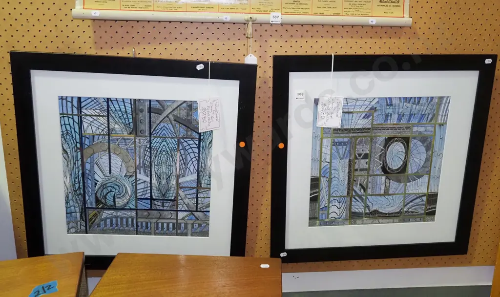 Doug Hart - 2x framed mixed medias - glass house, stadium - orange dots Image 1++