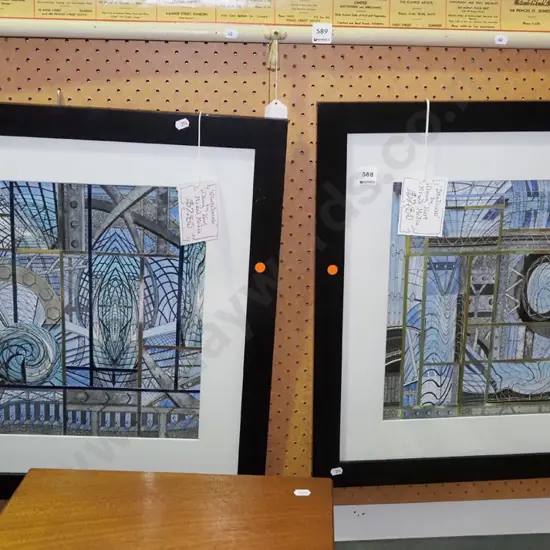 Doug Hart - 2x framed mixed medias - glass house, stadium - orange dots