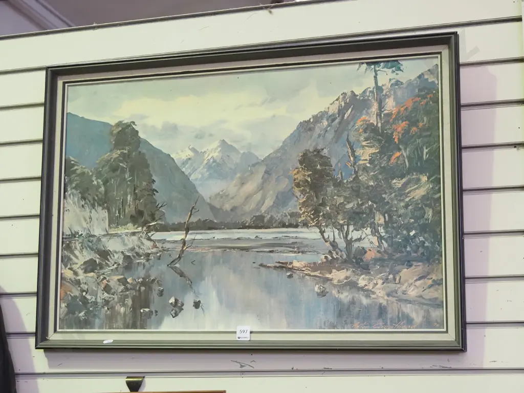 framed Aston Greathead print- river and mountain scene Image 1++