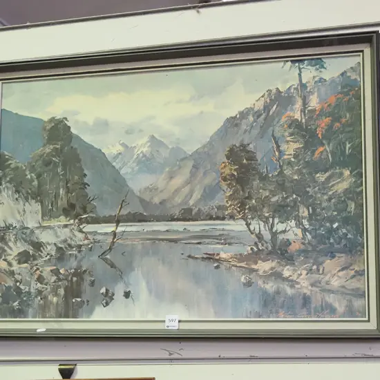 framed Aston Greathead print- river and mountain scene
