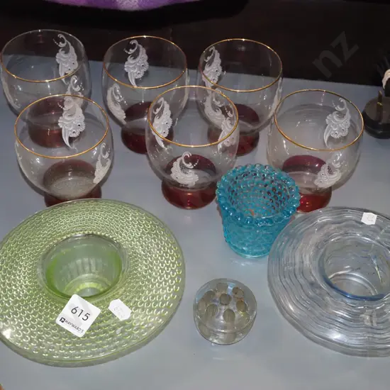 glass flower frog, bowls, tumblers