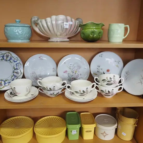 German Pottery floral plates, Tunstall blueberry soup bowls, saucers etc