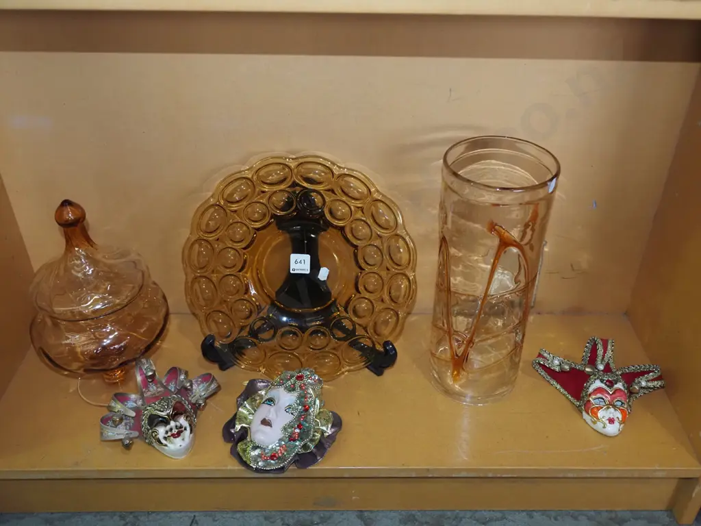 amber glass plate, vase, lidded comport, miniature Venetian masks etc Vase H320 Image 1++
