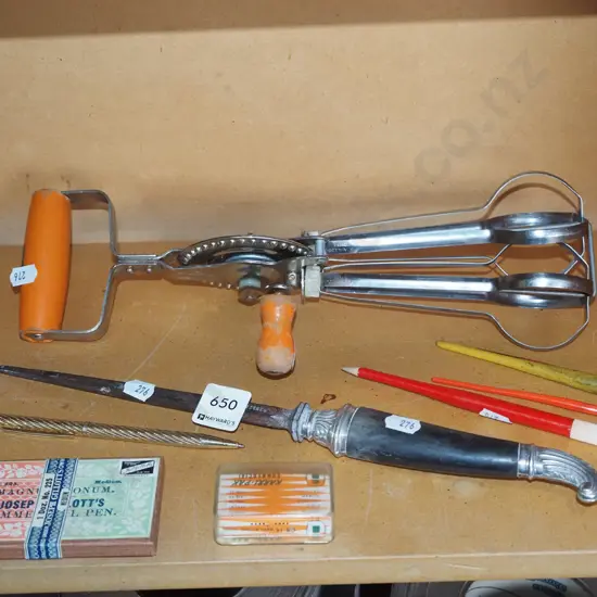 hand beater, bone handled spike, quills etc