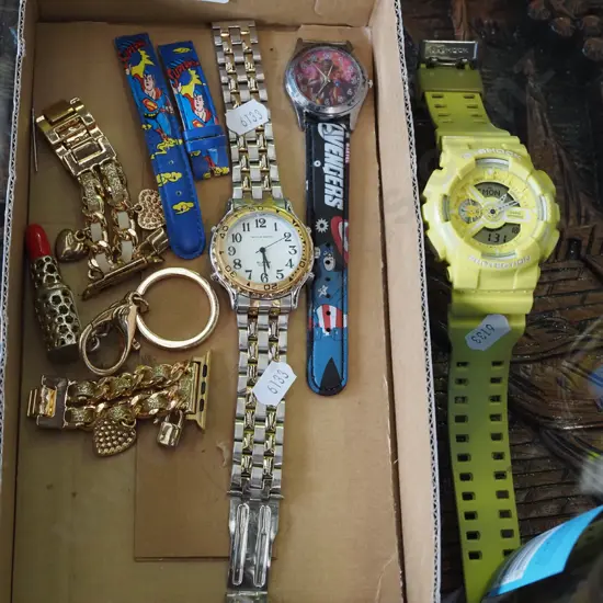 box of wristwatches, keyrings