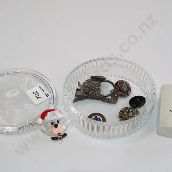 pressed crystal trinket box; buttons, dog badge, soap etc