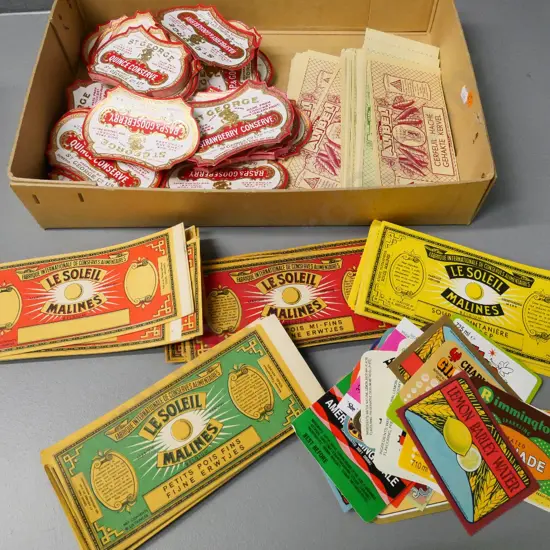 box of vintage St. George and other food labels