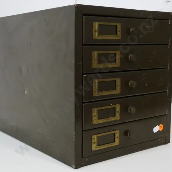 vintage metal filing cabinet with 5 foolscap size drawers, brass handles and label frames. Dings and wear H290 W260 D380
