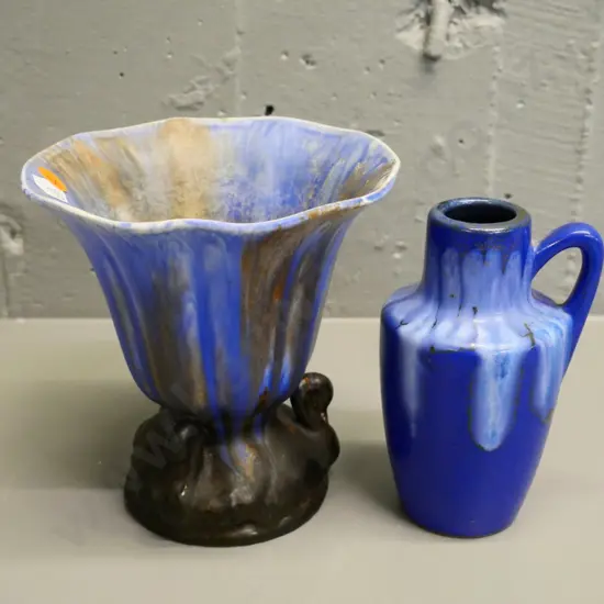 blue and black swan motif vase H-150 D-150 and a blue German vase