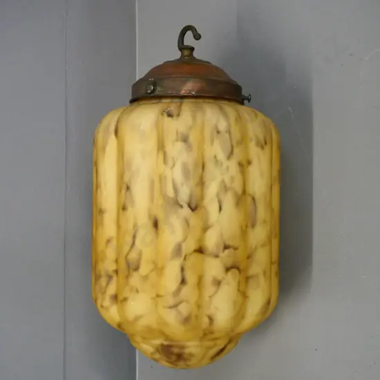 deco ceiling light - gold/brown stipple glass with copper journal & hook H-310 Diameter-170