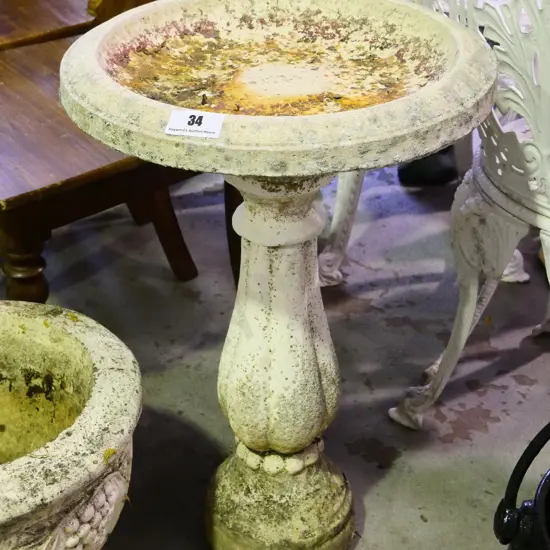 white painted cast concrete bird bath with fluted column base - has paint loss H-650 Diameter 430
