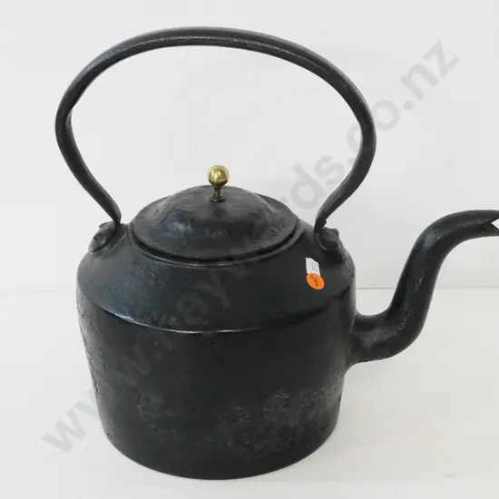vintage cast iron kettle with brass handle on lid - minor corrosion inside H-320 W-330