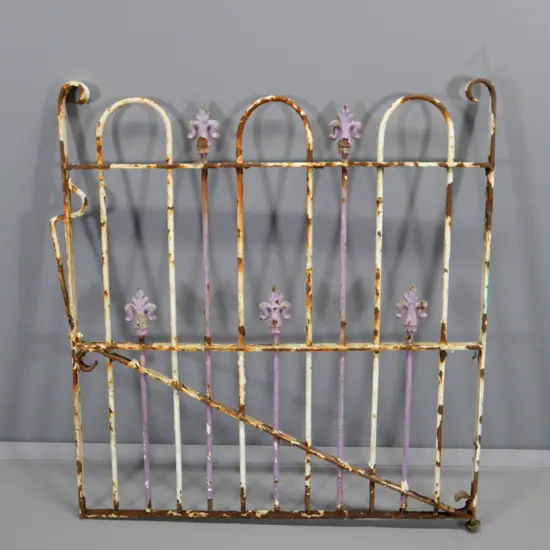 Victorian wrought iron gate with fleurs-de-lis - corrosion and peeling paint H-1140 W-1050