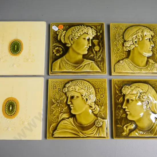 6 Minton ceramic tiles: 4 bas-relief profiles 150x150 and 2 lozenge design (one has chip to centre) 155x155