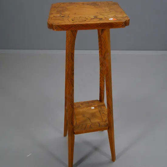 carved timber indoor plant stand with oriental motifs - legs slightly bowed H-900 Top is 300x300