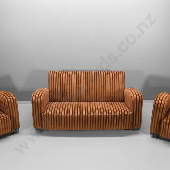 deco 3-piece lounge suite with chesterfield and 2 armchairs - coil spring seats, ribbed velvet, casters H770 W1850 D700