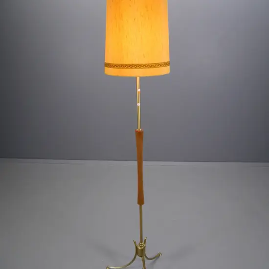 mid-century standard lamp with timber and anodised gold finish metal tripod base, yellow shade H-1660 D-310
