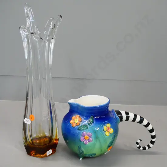 Marion Mewburn ceramic jug with striped handle and an amber  to clear art glass vase H-350