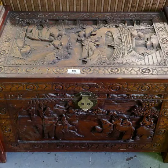 vintage Chinese carved camphorwood chest with brass catch and plate H-550 W-1040 D-560