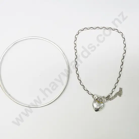 silver bracelet with heart lock stamped 925 Italy & a silver bangle stamped