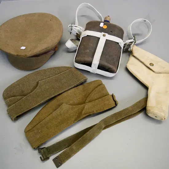 WWII era military items - 3 NZ woolen caps, canvas pistol holster, water bottle in felt jacket, etc.