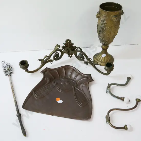 vintage metal items - brass vase, 2 coat hooks with porcelain knobs, copper crumb tray, NZ theme poker