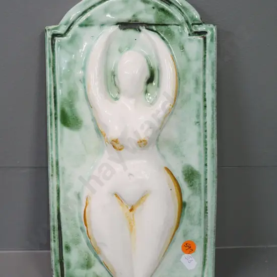 studio pottery nude figure wall plaque - stamped Estuary Arts, Golden Bay H-300 W-160