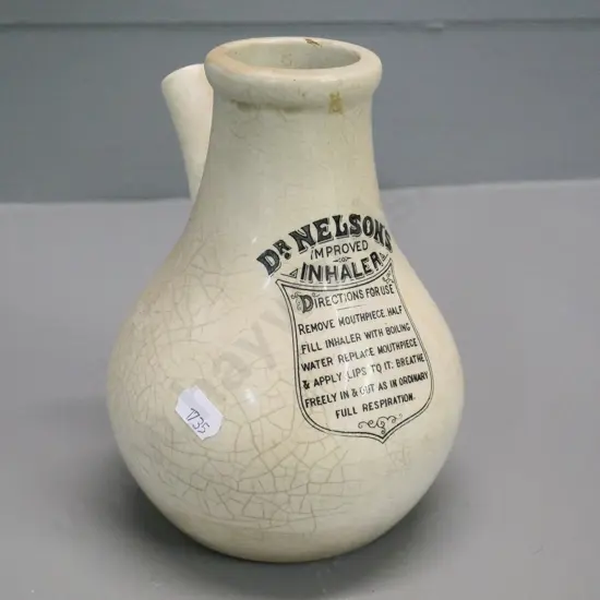 vintage ceramic medical device - Dr. Nelson's Improved Inhaler, extensive crazing, tiny chip to rimH-170