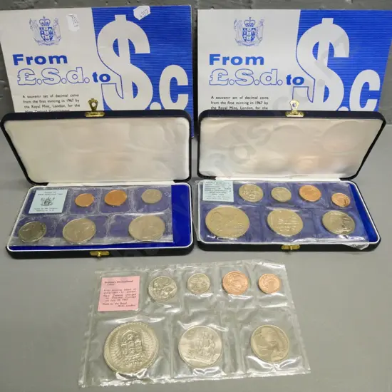 5 New Zealand coin sets: 1968 polished standard, 1969 polished grade w/Cook dollar, and 3 1967 sets