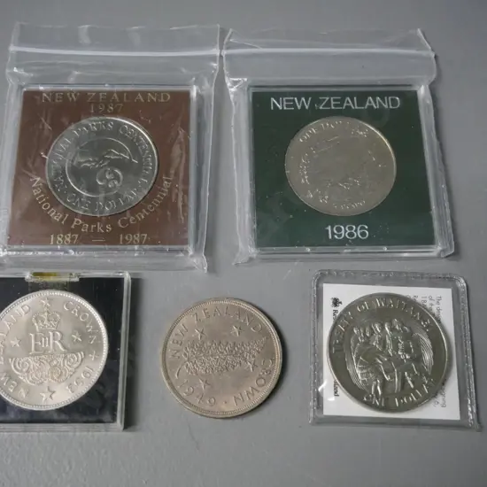 5 New Zealand collector coins - 1949 and 1953 crowns, 1986, 87, and 1990 dollars