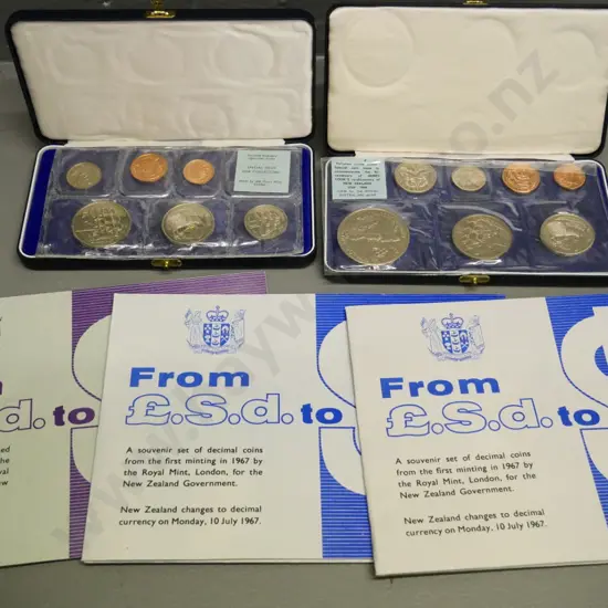 5 New Zealand coin sets: 1968 polished standard, 1969 polished grade w/Cook dollar, 1967 and 1965 last