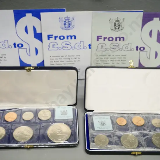 5 New Zealand coin sets: 1968 polished standard, 1969 polished grade w/Cook dollar, 1967 and 1965 last