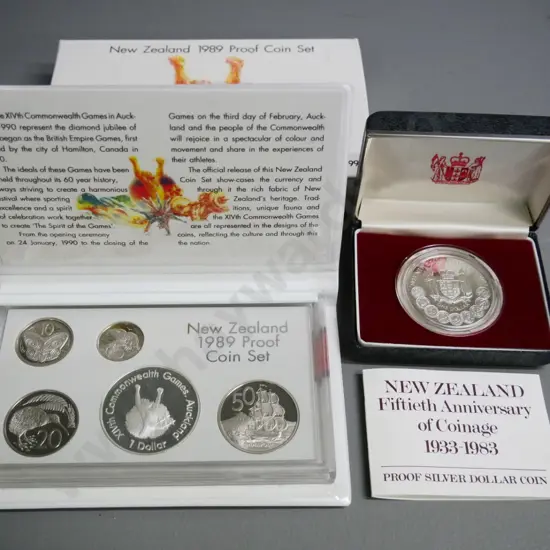 New Zealand collector coins - cased 1983 50th anniversary of coinage and 1989 cased proof set Commonwealth Games