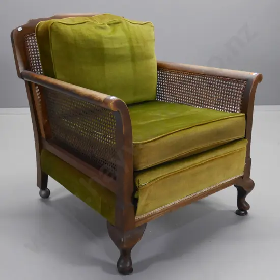 bergere lounge chair with fretted panel back, on casters - polish a bit worn H-820 W-730 D-760