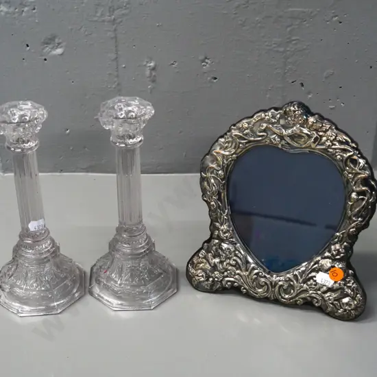 (sterling silver?) fronted picture frame and pair of depression glass candlesticks H-200