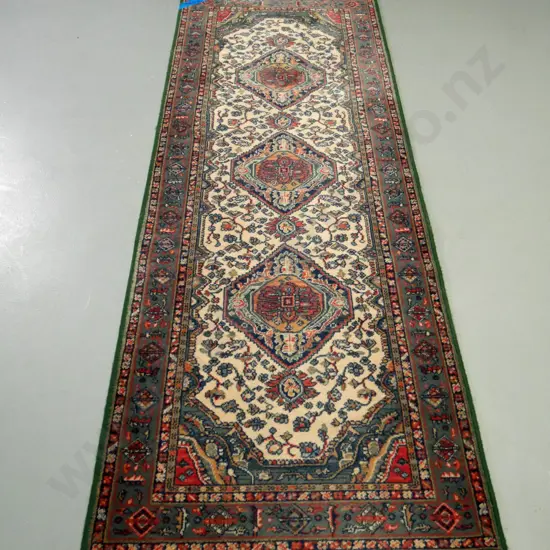 woollen floor rug - dusty greens and reds - L-2340 W-790