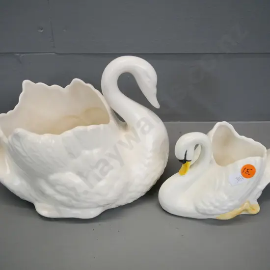 2 china swan vases marked Made In England - smaller has painted decoration, larger is H-155 L-200