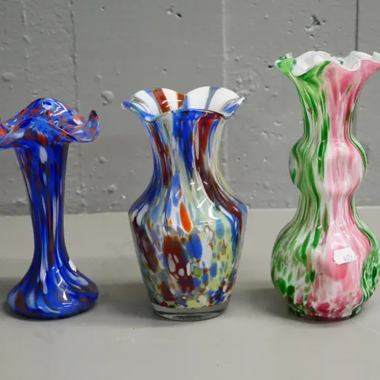 3 multi-colour art glass vases - tallest is H-220