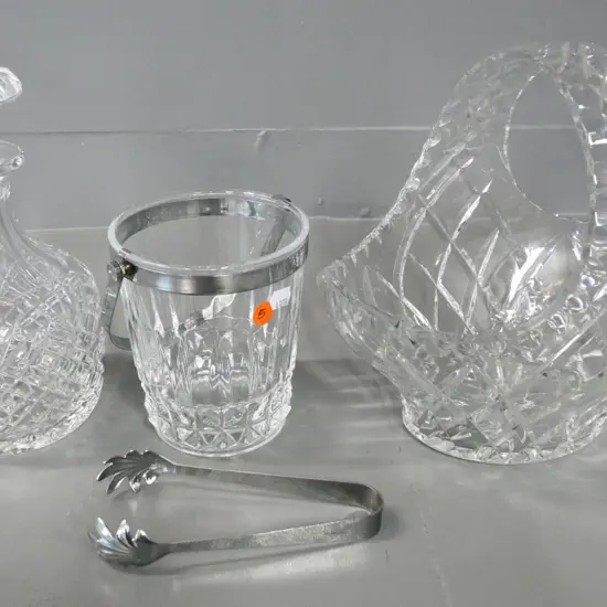 cut crystal items - ice bucket, stoppered decanter and basket H-260