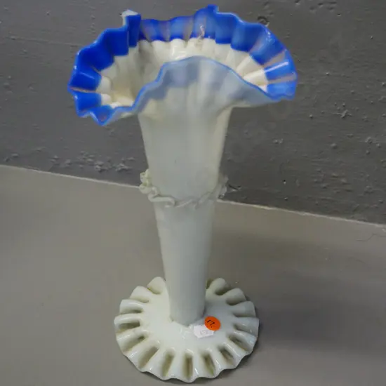 vintage fluted milk glass vase with blue border H-280