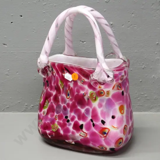 heavy art glass handbag vase - pink and white H-290 W-200 D-120