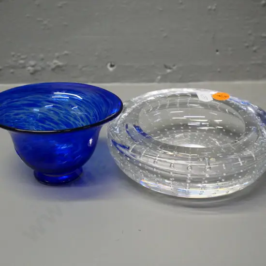 small blue Hoglund glass bowl H-60 Diameter 100 and a heavy clear bubble bowl