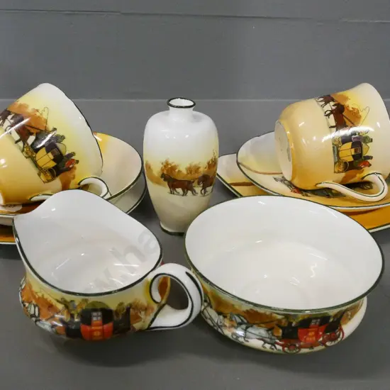 5 Royal Doulton Coaching Days items - 2 trios, cream & sugar, and a small vase
