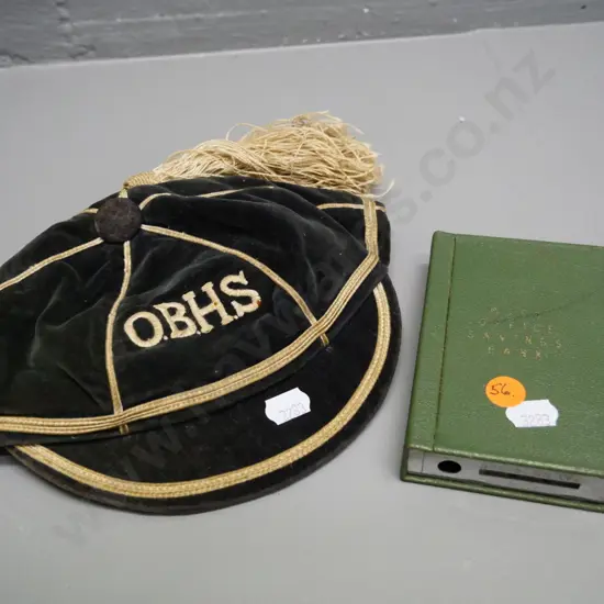 vintage post-office savings bank money box, wear to decoration, and Otago Boys High blues cap made by Ballantynes