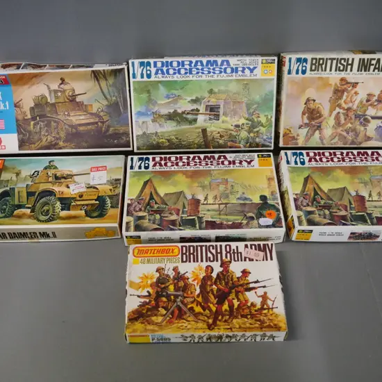 7 boxed plastic 1/72 or 1/76 scale military model / diorama accessory kits - Hasegawa, Matchbox, Fujini