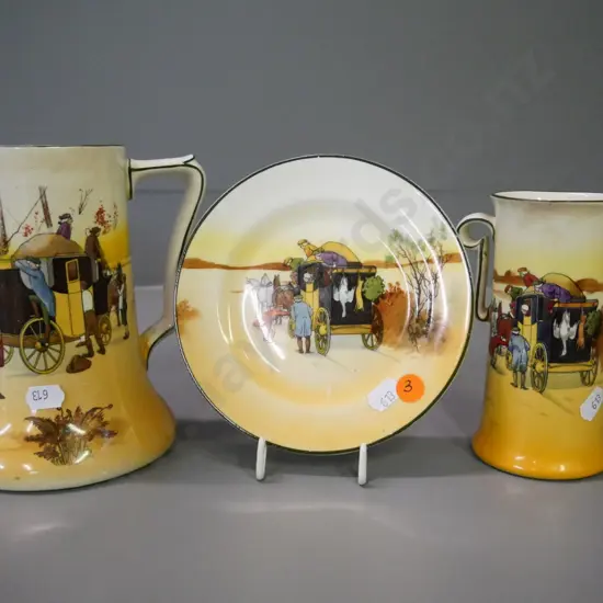 3 Royal Doulton Coaching Scene items - plate (has scratch to decoration) vase and jug H-160